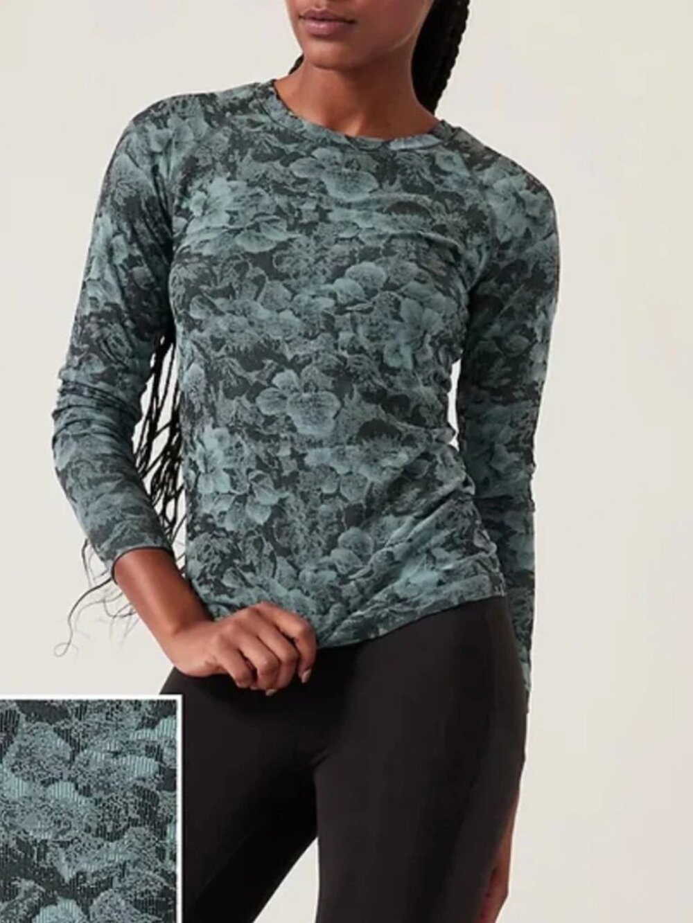 Athleta Momentum Floral Top black and teal size medium long sleeve